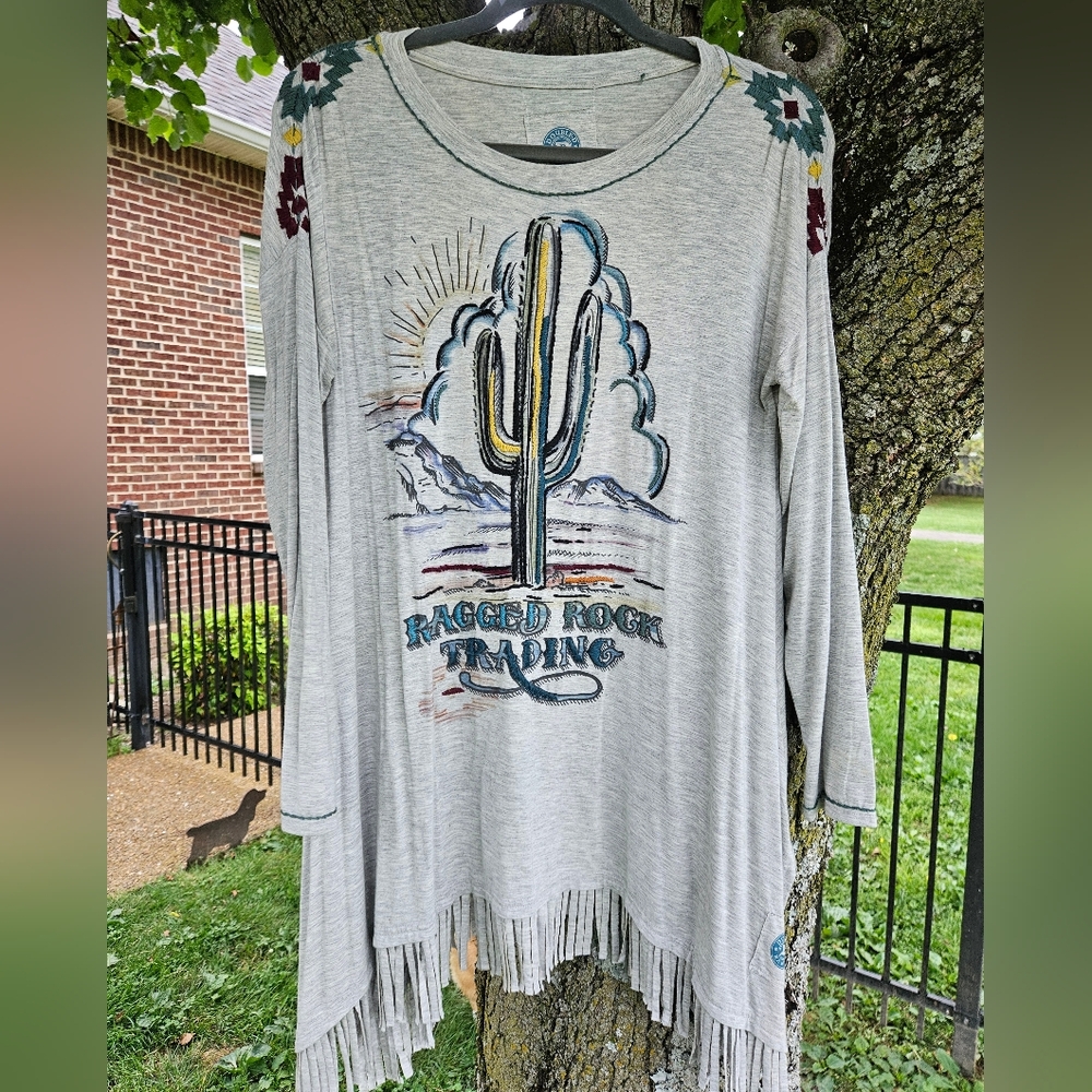 Double D Ranch Grey Tunic Saguaro Cactus Long Sleeve Shirt With Fringe